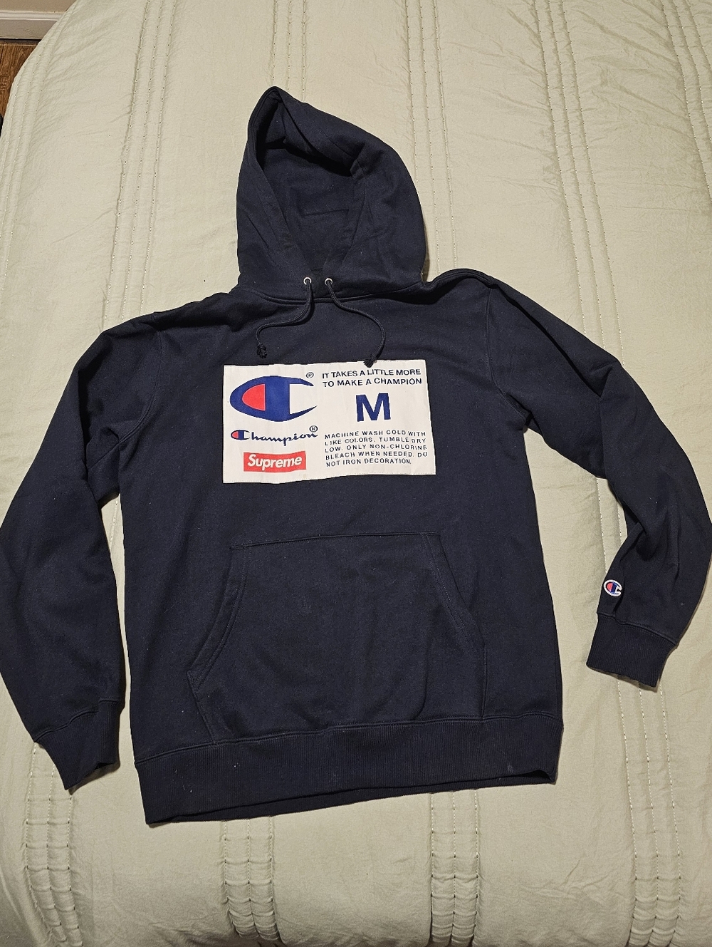 Supreme x Champion Navy Blue FW18 Graphic Pullover Hoodie